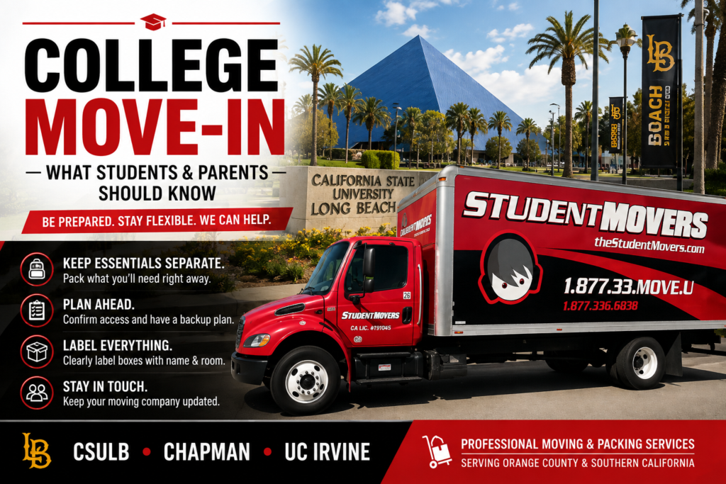 Student Movers truck at Cal State Long Beach for college move-in