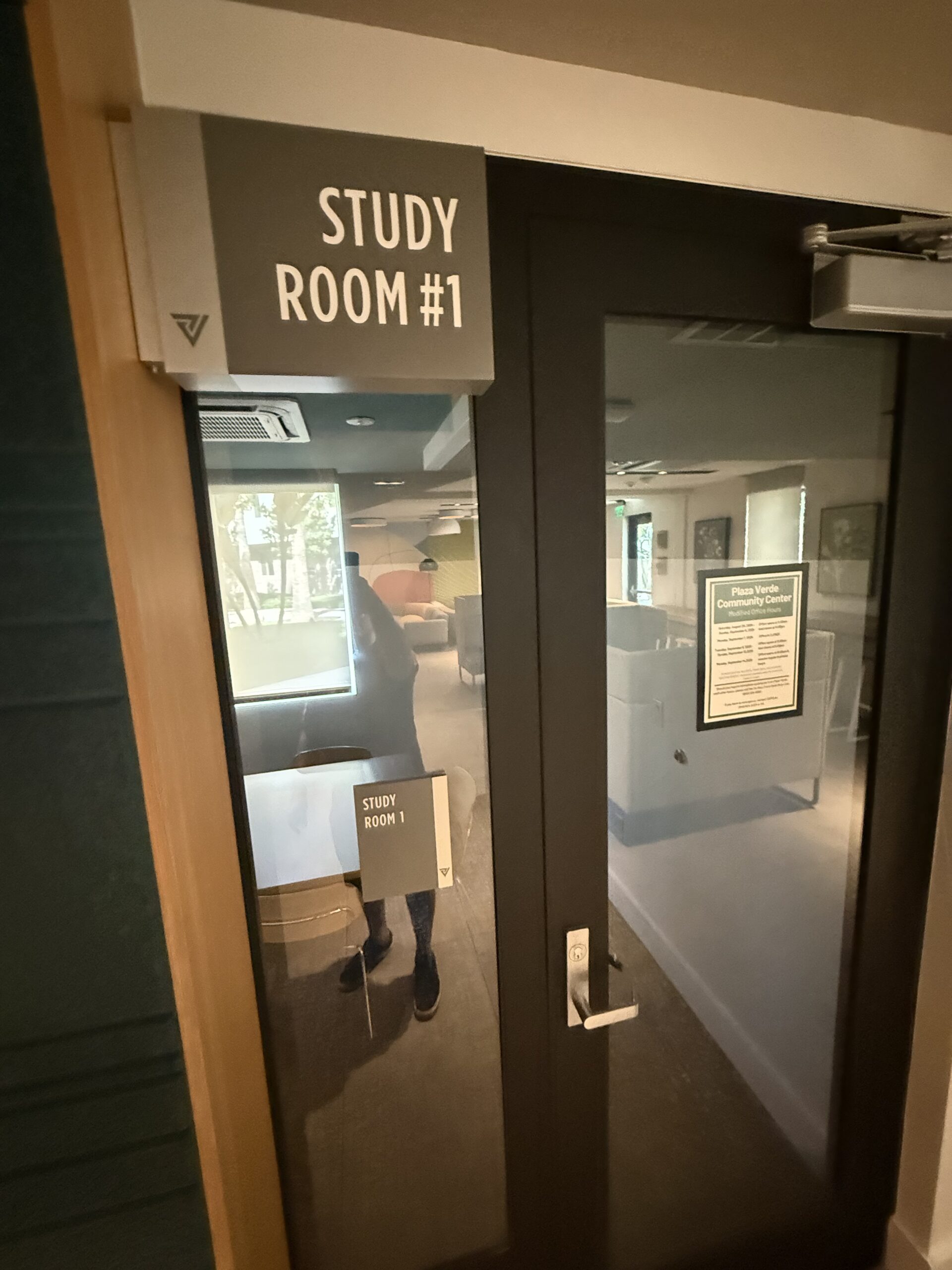 Glass entrance to Study Room 1 at Plaza Verde